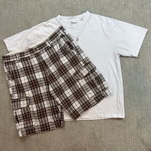 Brown/White Y2K Surf Style Plaid Cargo Shorts